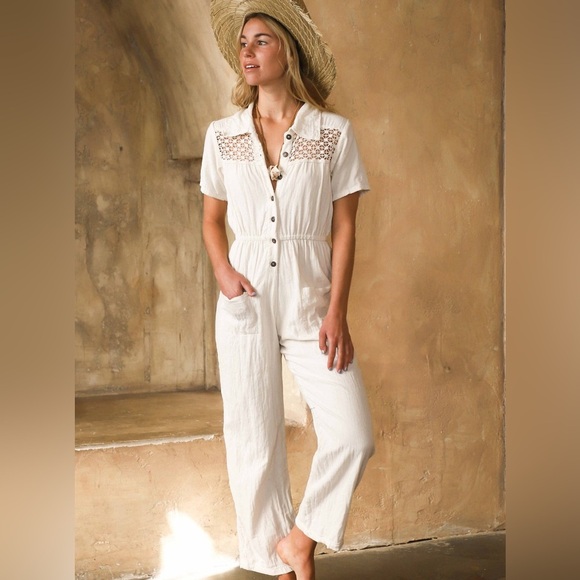 NEW Jens Pirates Booty Ollie Jumpsuit Gauze Cotton Off White Size Small Lace NWT - Picture 1 of 7
